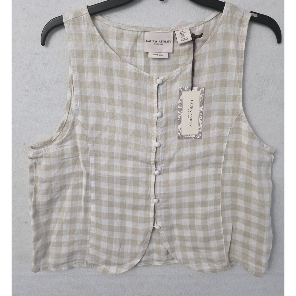 Laura Ashley NWT Women's L Beige Gingham 100% Linen Sleeveless Button-Up Vest - Picture 2 of 9